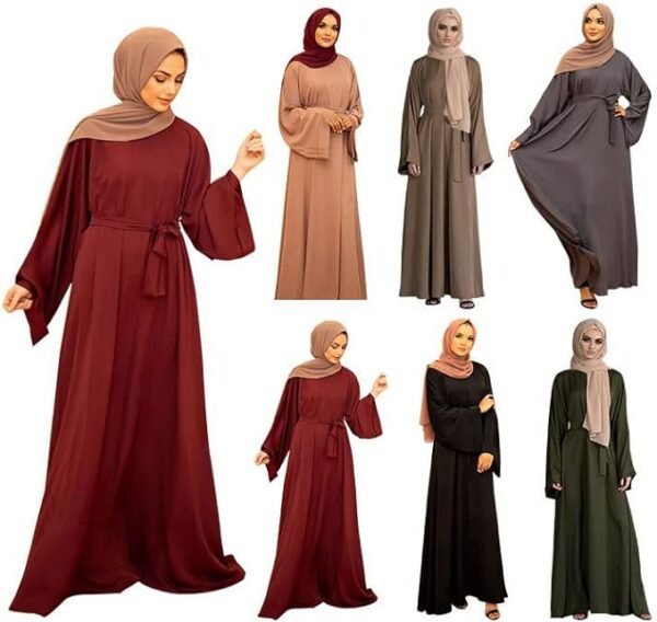 Resnan Arabian Islamic Dubai Robe Belted Eid Long Dress, Women Chiffon Muslim Dress Middle East Prayer Flowy Maxi Cardigan 01 Resnan Arabian Islamic Dubai Robe Belted Eid Long Dress,
