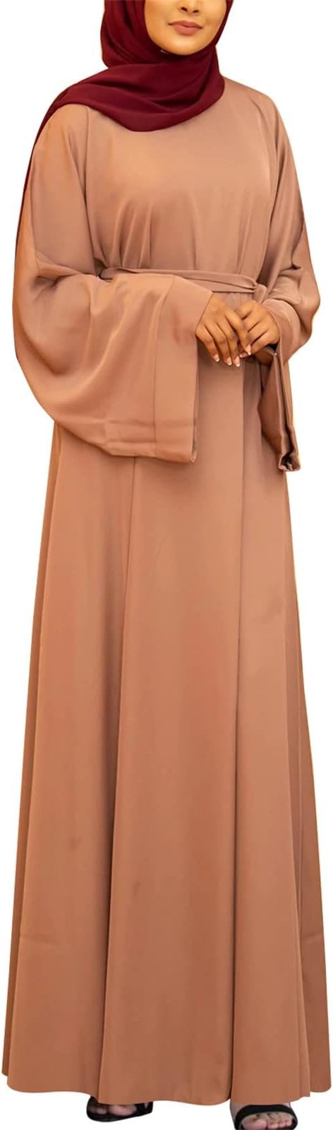 Resnan Arabian Islamic Dubai Robe Belted Eid Long Dress, Women Chiffon Muslim Dress Middle East Prayer Flowy Maxi Cardigan 02 Resnan Arabian Islamic Dubai Robe Belted Eid Long Dress,