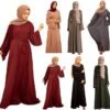 Resnan Arabian Islamic Dubai Robe Belted Eid Long Dress, Women Chiffon Muslim Dress Middle East Prayer Flowy Maxi Cardigan 04 Resnan Arabian Islamic Dubai Robe Belted Eid Long Dress,